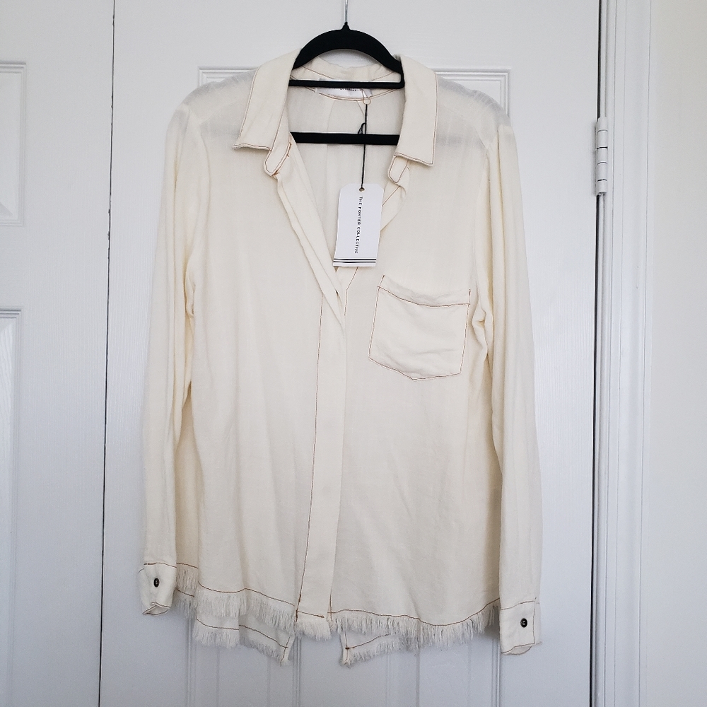 NWT Cream Button Down Frayed Hem Linen Cotton Top sz M by The Porter Collective